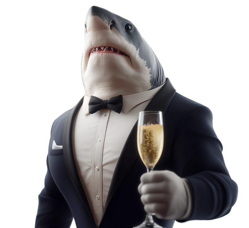 SpinShark shark mascot in a tuxedo